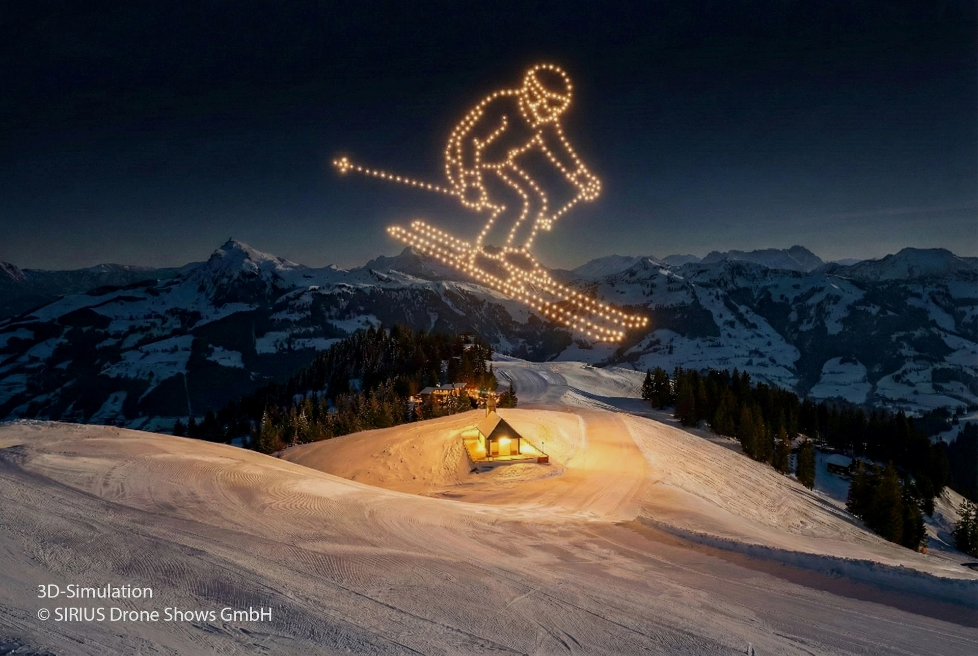 Drohnenshow über eine Skistrecke in Kitzbühel. Es ist ein Skifahrer zu sehen. 3D-Simulation.